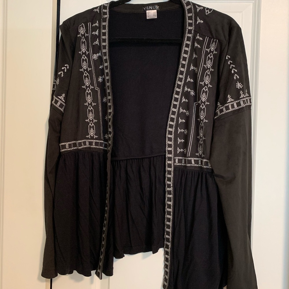 Embroidered suede open cardigan